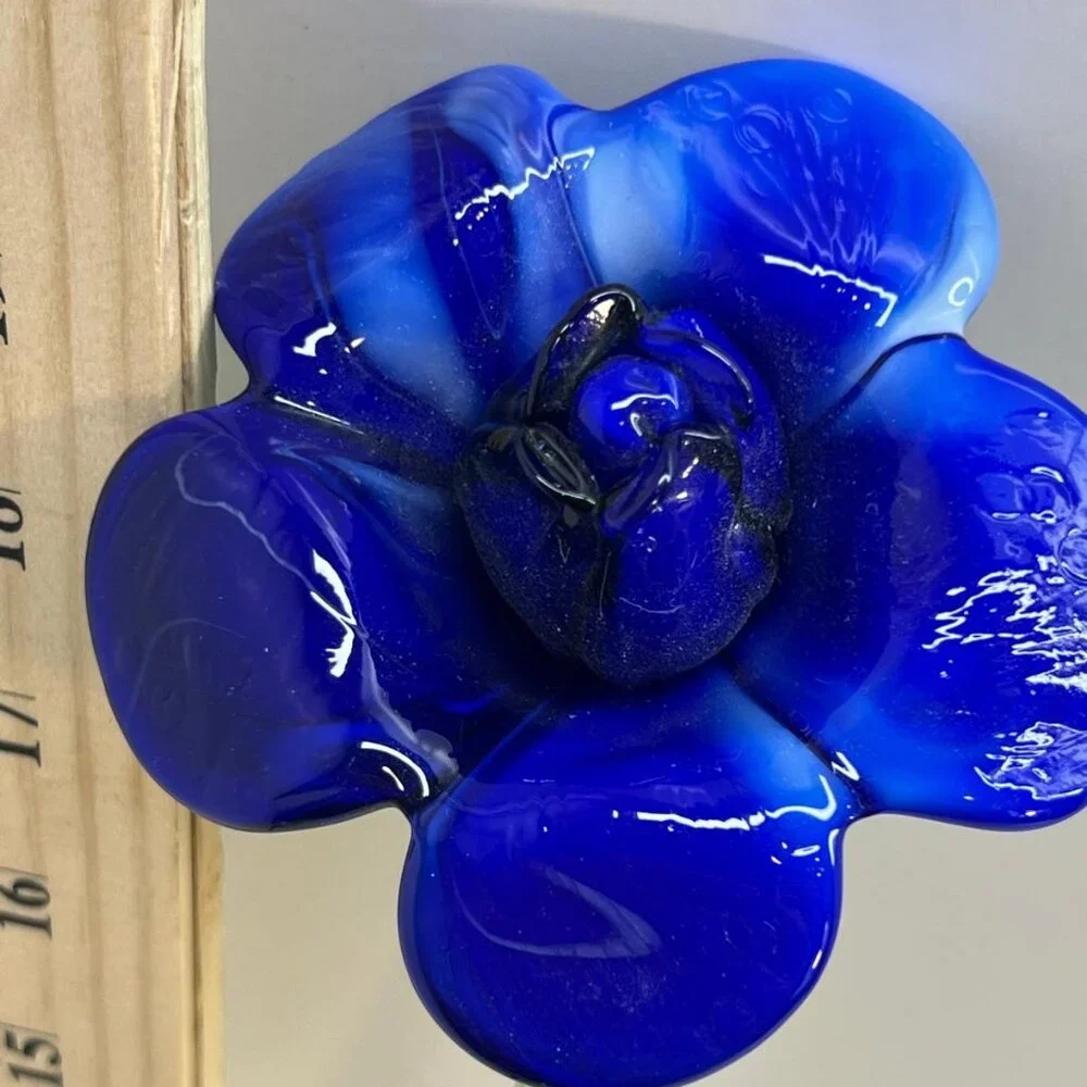 Hand Blown Blue Glass Flower Stem Art Sculpture Tall Decorative Home Display - Picture 2 of 3